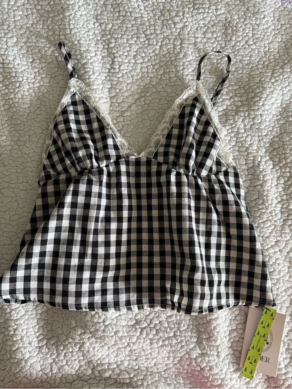 Cider Black and White Gingham Lace-Trim Cami